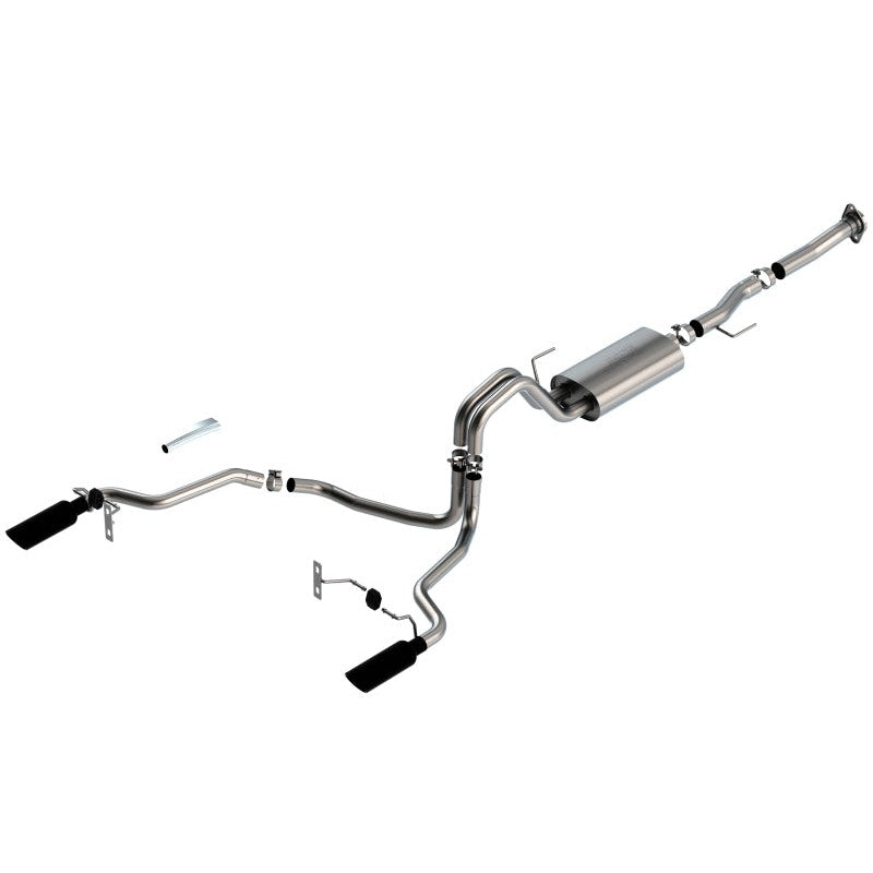 Borla S-Type cat-back exhaust system featuring T-304 stainless steel piping and dual 4-inch black chrome tips.