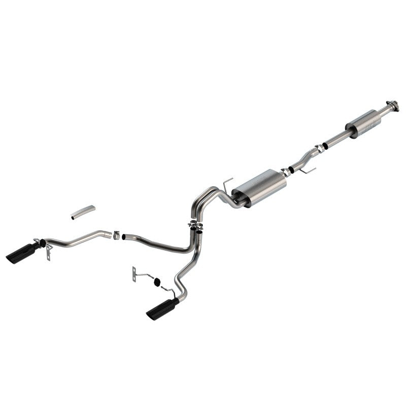 Borla Touring cat-back exhaust system for 2021-2025 Ford F-150 with dual black chrome tips and stainless steel piping.