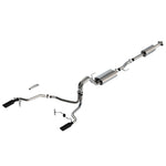 Borla Touring cat-back exhaust system for 2021-2025 Ford F-150 with dual black chrome tips and stainless steel piping.