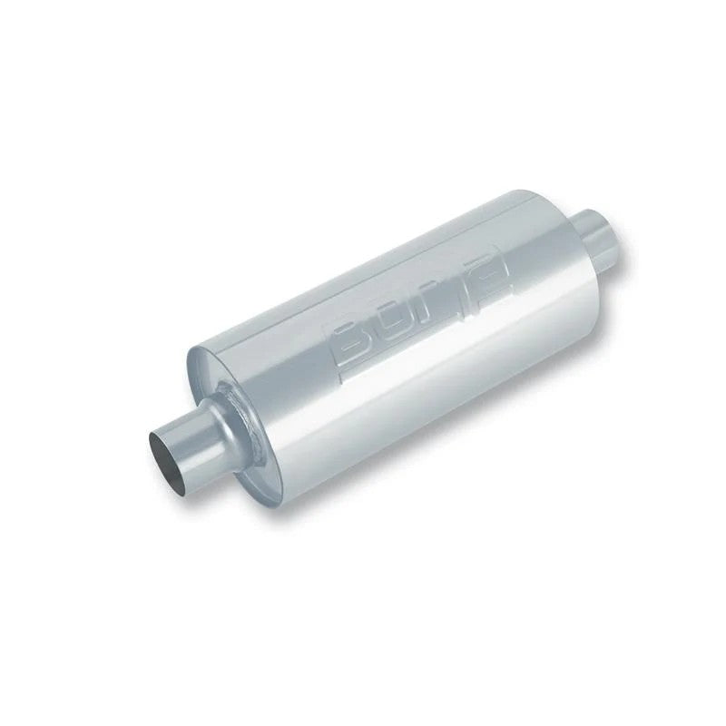 Borla 400500 T-304 stainless steel round truck muffler with 3-inch center notched necks and 24-inch body length.