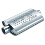 Borla Pro-XS 40346 stainless steel oval muffler with 2-inch offset inlet and outlet in a natural mill finish.