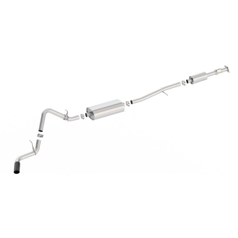 Borla S-Type cat-back exhaust system with T-304 stainless steel piping and a single 4-inch black chrome tip.