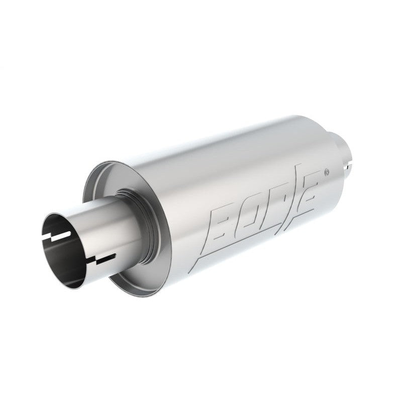 Borla S-Type universal muffler with 2.5 inch notched inlet/outlet and 5 inch round stainless steel body