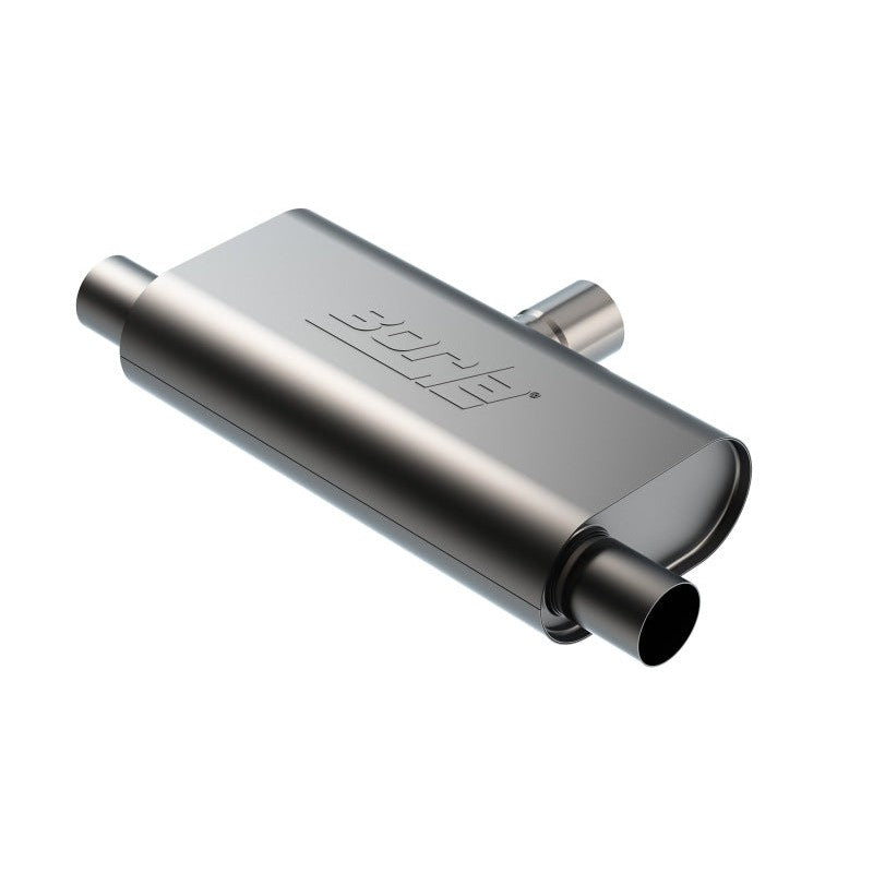 Borla 60714 T-Flow universal stainless steel muffler with single side inlet and dual offset end outlets.