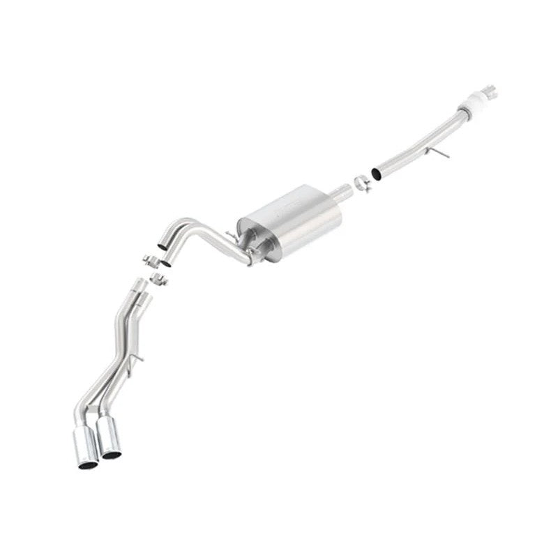 Borla T-304 stainless steel cat-back exhaust system with dual 4-inch chrome tips and mandrel-bent piping.