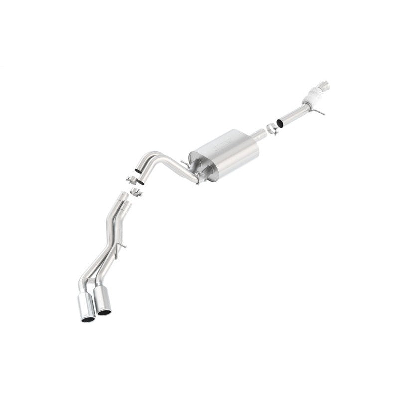 Borla 140557 Touring Cat-Back exhaust system featuring T-304 stainless steel dual side-exit 4-inch chrome tips.