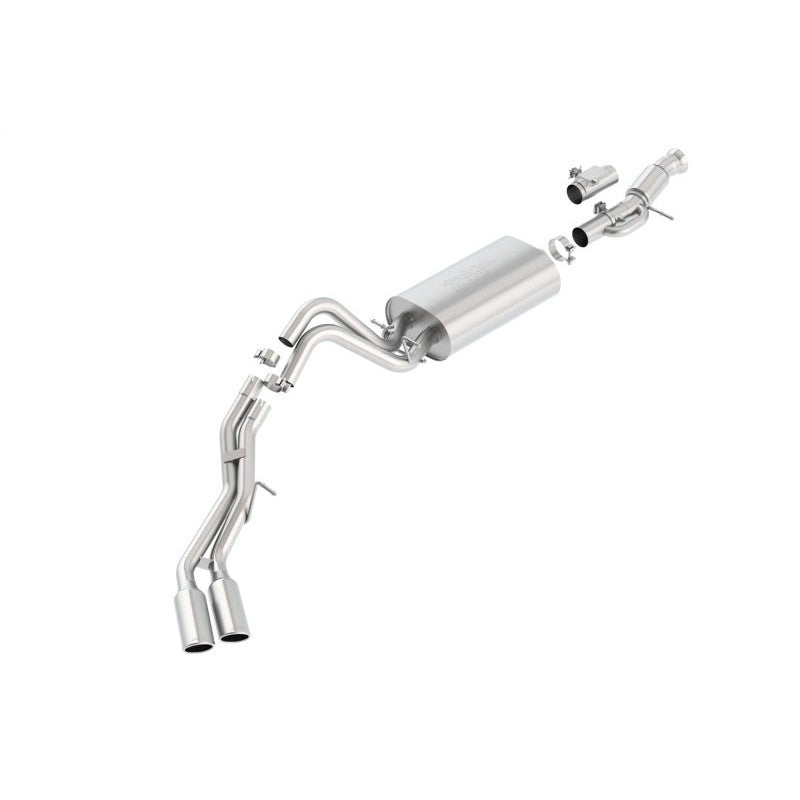 Borla 140559 Touring Cat-Back exhaust with T-304 stainless steel dual side-exit piping and 4-inch chrome tips.