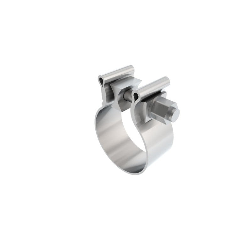 Borla 2.25 inch (57mm) austenitic stainless steel half moon exhaust clamp with mounting hardware.