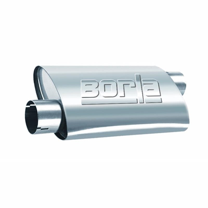 Borla ProXS 40358 universal stainless steel muffler with 2.5 inch inlet and outlet in a natural mill finish