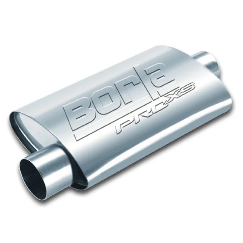 Borla ProXS 4x9.5x14 inch oval stainless steel muffler with 3-inch center and offset ports