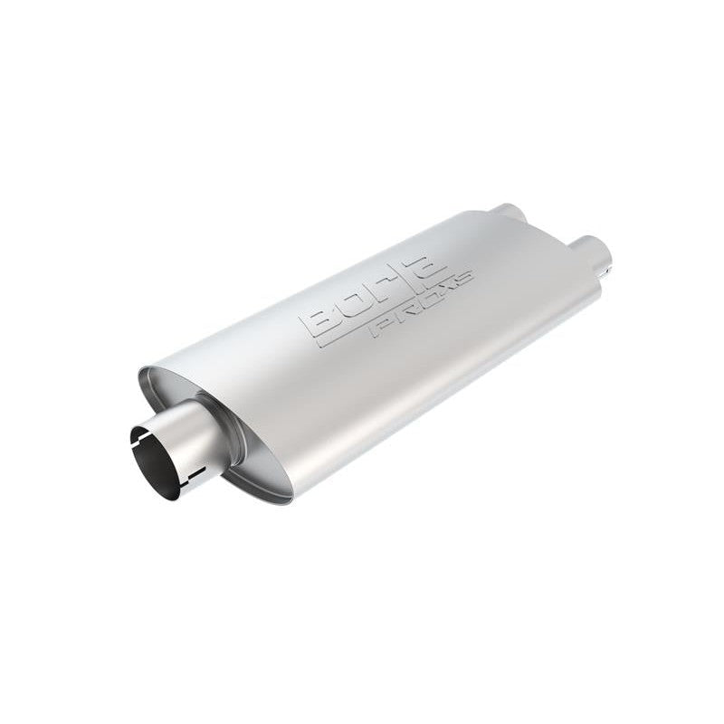 Borla PRO-XS universal oval muffler with T-304 stainless steel construction, 2.5 inch center inlet, and dual outlets.