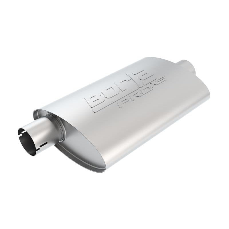 Borla PRO-XS T-304 stainless steel oval muffler with 2.5-inch notched necks and ultra-slim 1.88-inch profile