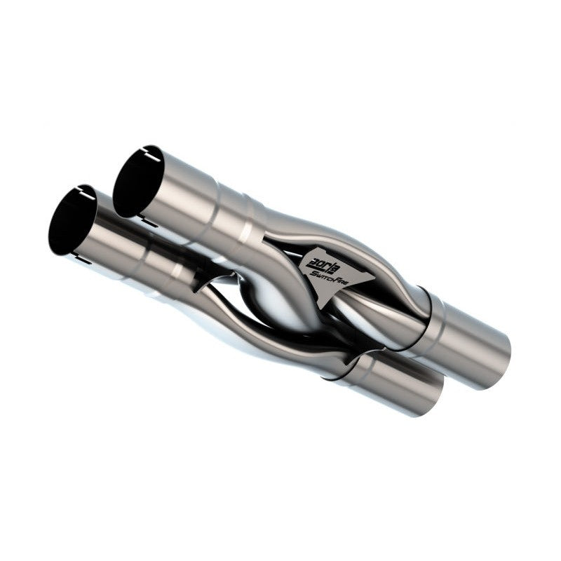 T-304 stainless steel Borla SwitchFire hydroformed X-pipe with 3-inch notched outlets and 4-inch centerline spacing.