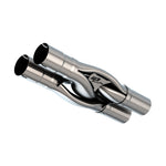 T-304 stainless steel Borla SwitchFire hydroformed X-pipe with 3-inch notched outlets and 4-inch centerline spacing.