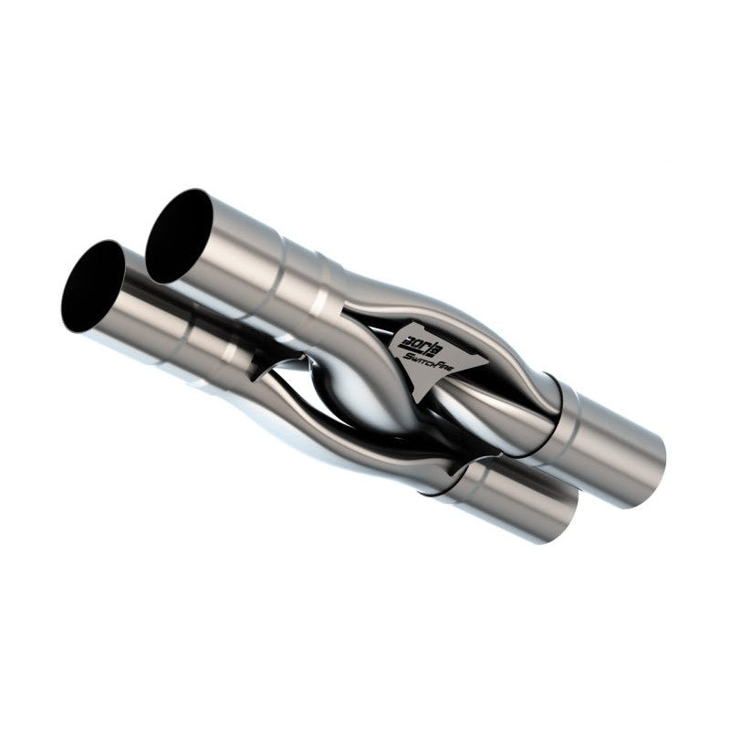 Borla SwitchFire 3 inch T-304 stainless steel hydroformed universal X-pipe with un-notched weld-on necks.