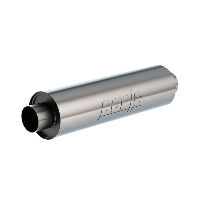 Borla 401624 T-304 stainless steel universal muffler with 3.53-inch ID un-notched nipples and 24-inch body.