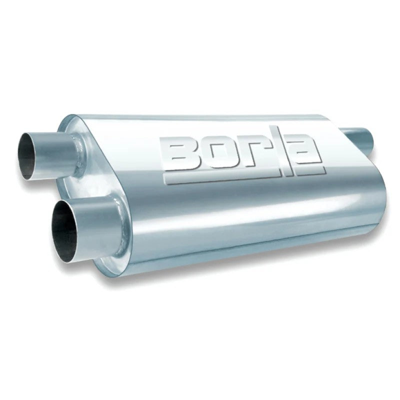 Borla Turbo XL 40477 universal oval transverse muffler with 2.5-inch offset inlet and dual offset outlets.