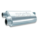 Borla 40474 T-304 stainless steel transverse muffler featuring a 3-inch inlet and dual 2.5-inch outlet necks.