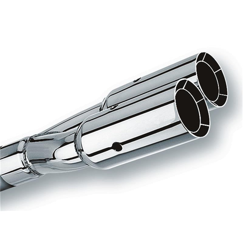 Mirror-polished T-304 stainless steel dual round intercooled exhaust tip with 2.5-inch inlet and 3-inch outlets.