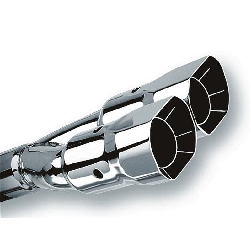 Mirror-polished T-304 stainless steel dual square angle-cut intercooled exhaust tip with weld-on inlet.