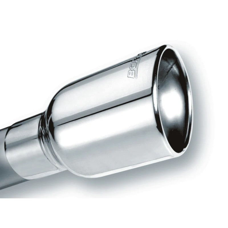 Borla 20155 mirror-polished T-304 stainless steel oval exhaust tip with a rolled angle-cut edge and mounting clamp.