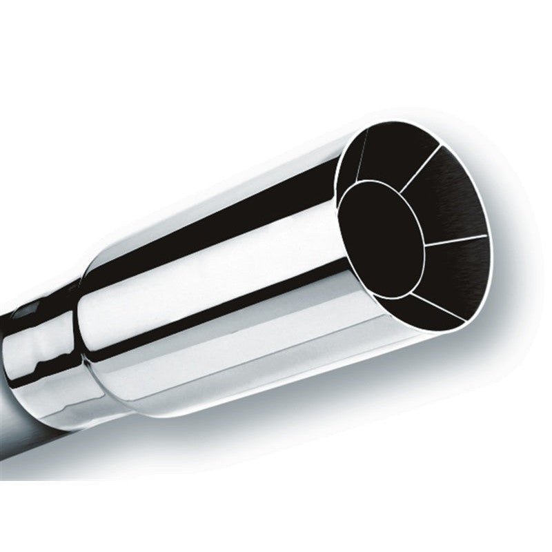 Polished Borla T-304 stainless steel exhaust tip with a 2.5 inch intercooled outlet and set-screw mounting hardware.