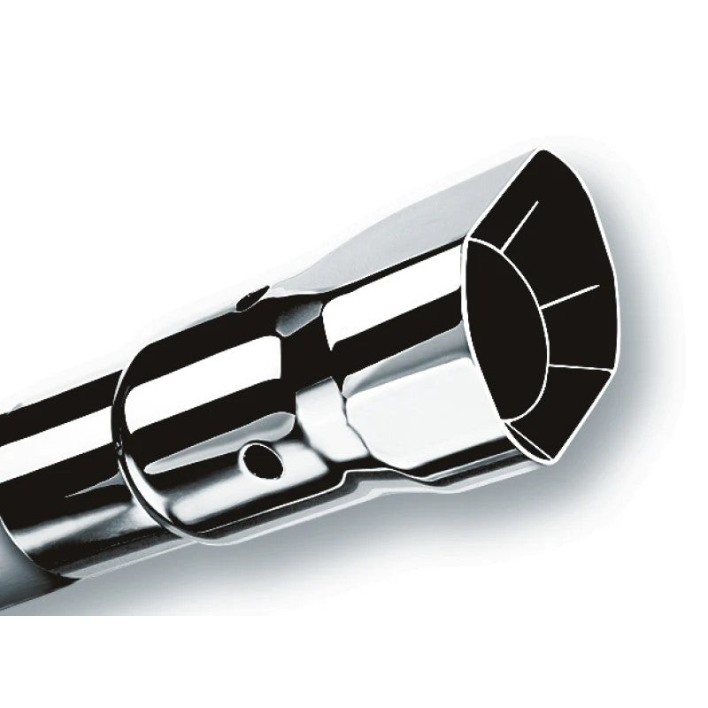 Polished T-304 stainless steel Borla universal exhaust tip with square angle-cut and intercooled dual-wall design.