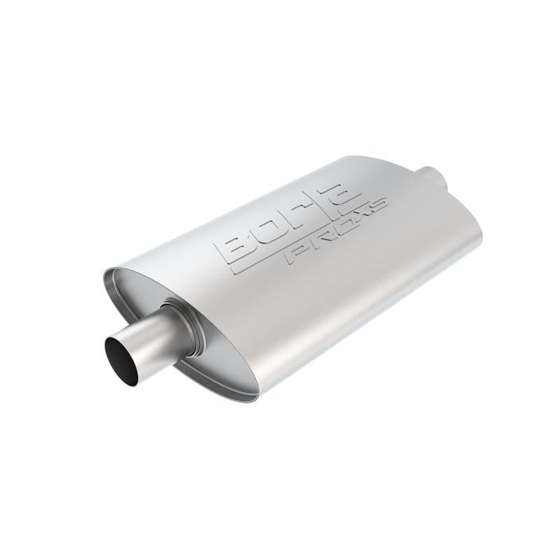 Borla Pro-XS universal muffler with 2.25 inch center inlet and outlet in natural mill finish stainless steel