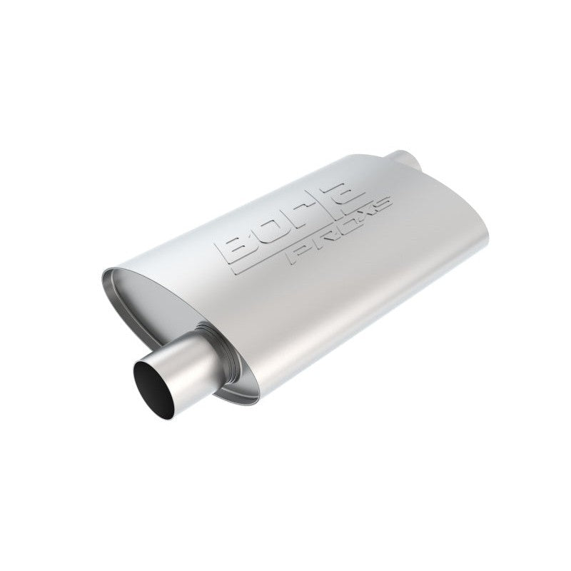 Borla Pro-XS universal muffler in mill-finish T-304 stainless steel with 3-inch offset inlet and outlet.