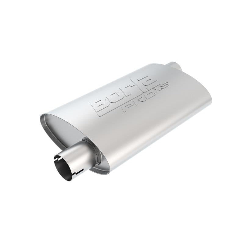 Borla Pro-XS 400490 universal oval muffler in T-304 stainless steel with 2.5-inch offset notched ports.