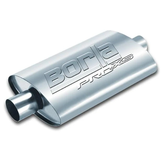 Borla Pro-XS series universal oval muffler featuring a 3-inch offset/offset configuration and notched necks.
