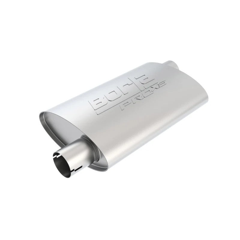 Borla Pro-XS universal oval stainless steel muffler 400489 with 2.25-inch notched offset inlet and outlet.