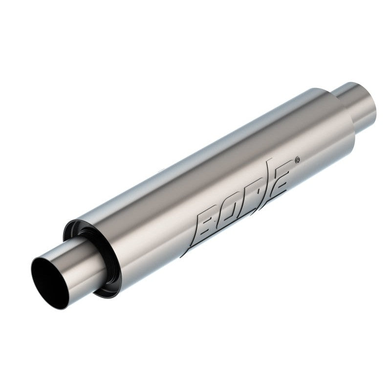 Borla 401382 XR-1 Multi-Core 4-inch round stainless steel racing muffler with 2.5-inch center inlet and outlet.