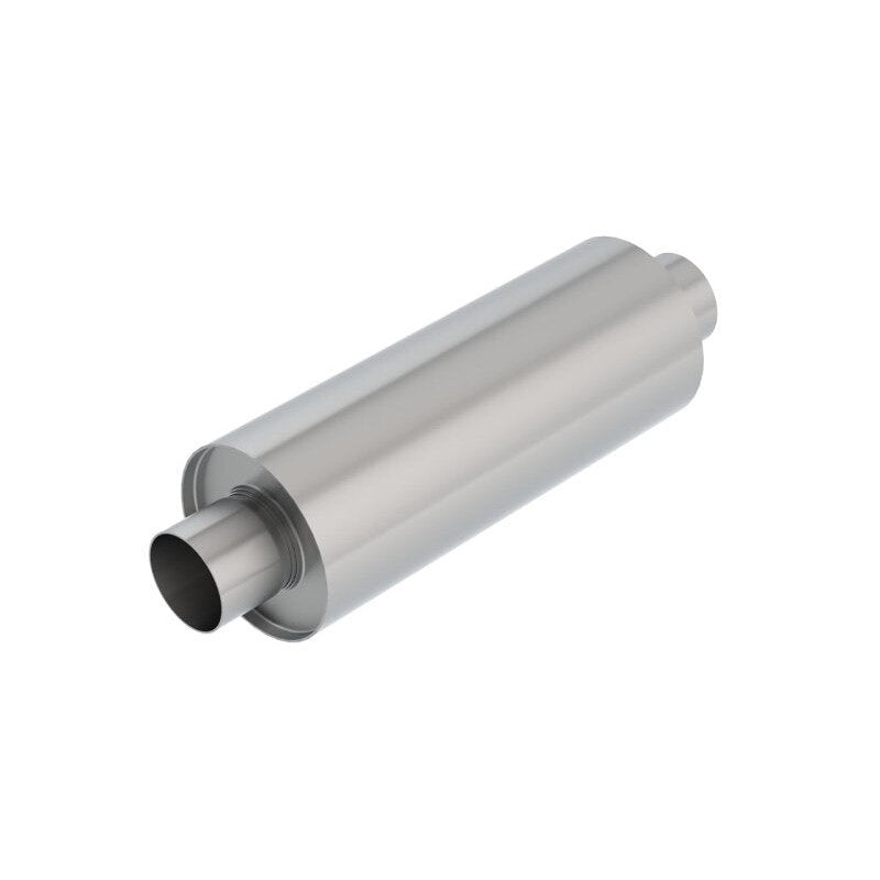 Round Borla XR-1 Multi-Core racing muffler with 3-inch center inlet/outlet and 16-inch stainless steel body.