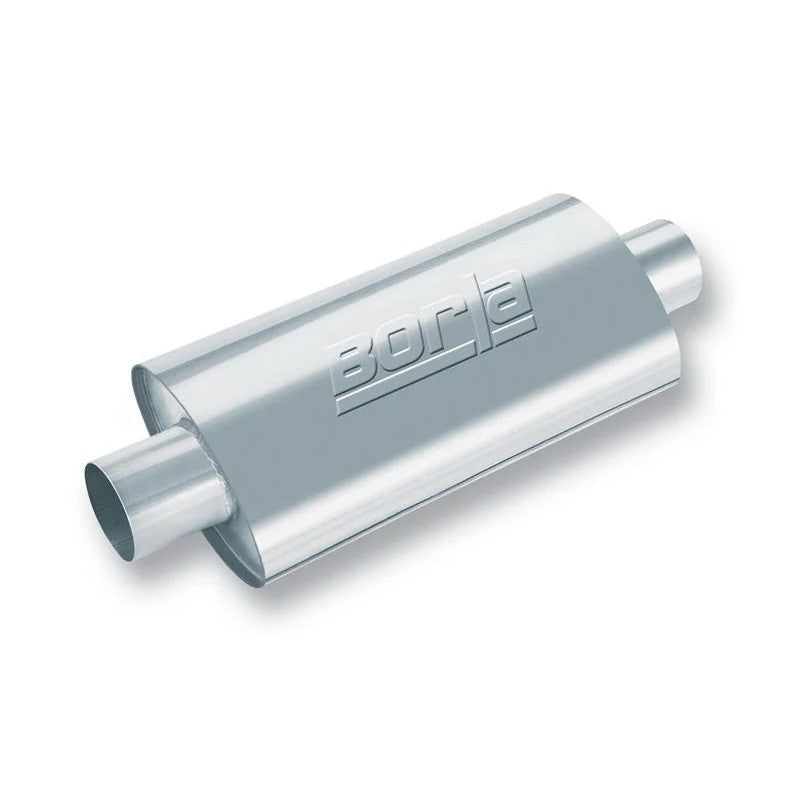 Borla 40942 XR-1 Racing Sportsman stainless steel oval muffler showing 2.5 inch center inlet and 16 inch body length.