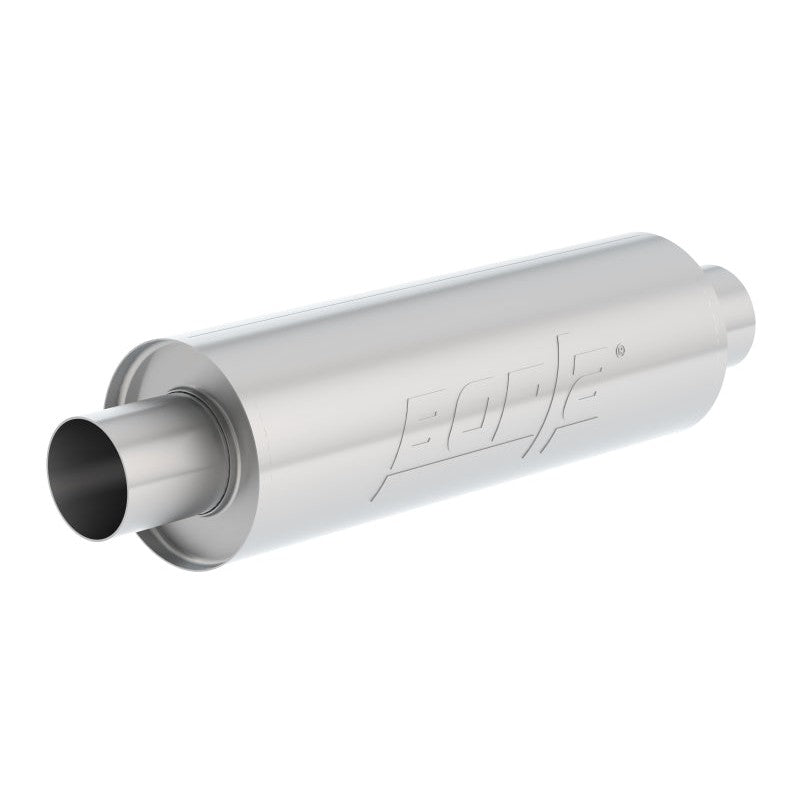 Borla XR-1 Racing Sportsman round muffler in T-304 stainless steel with 2.5-inch center inlet and outlet.