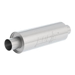 Borla XR-1 Racing Sportsman round muffler in T-304 stainless steel with 2.5-inch center inlet and outlet.