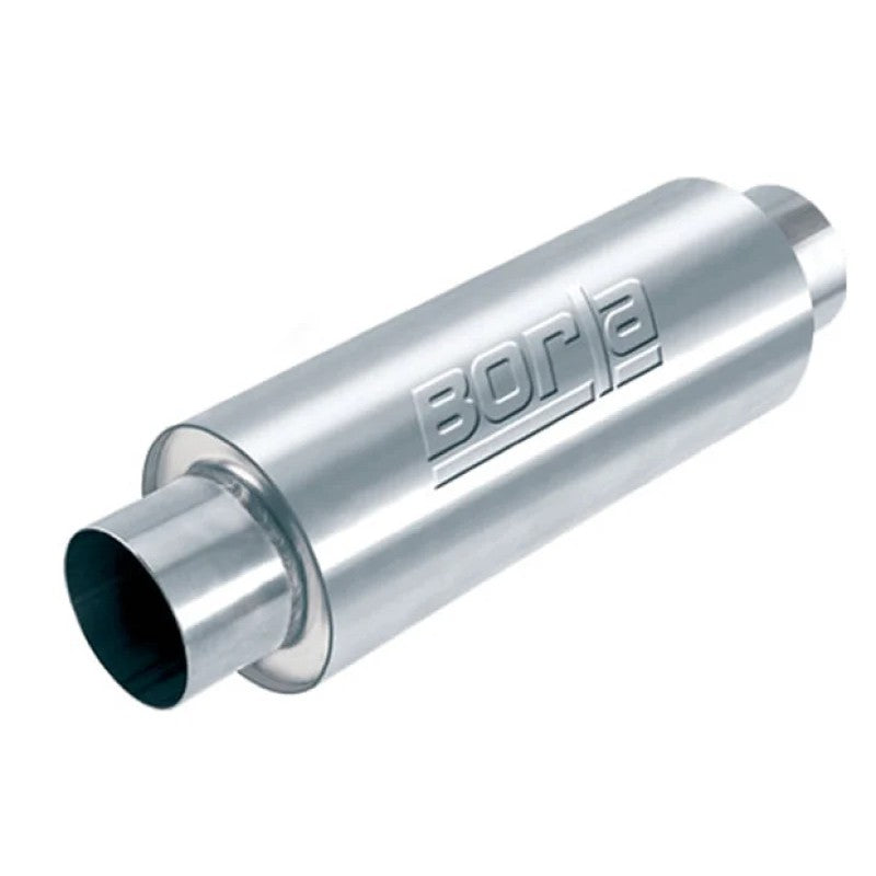 Borla XR-1 Racing Sportsman 40086 stainless steel 5-inch round muffler with 3.5-inch center inlet and outlet.