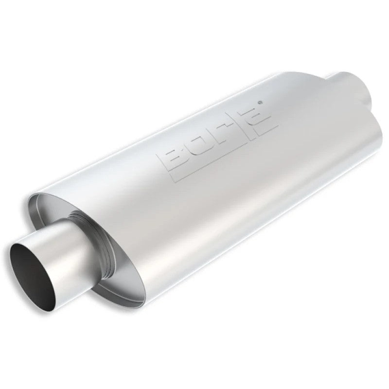 Borla XR-1 Sportsman stainless steel oval racing muffler with 3 inch center inlet and outlet.