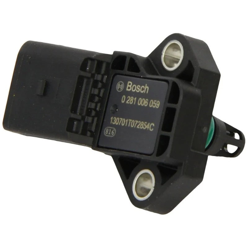 Bosch high pressure sensor with three-pin electrical connector and mounting tab, part number 0281006059.