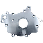 Precision CNC machined billet oil pump backing plate for Ford Coyote V8 engines.