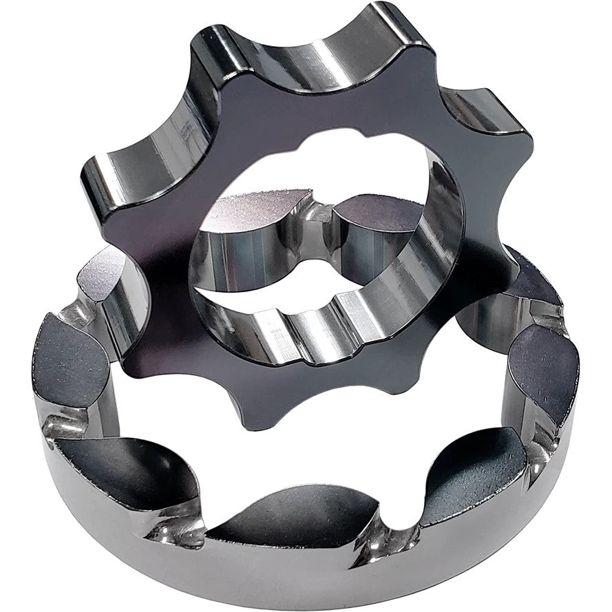 Boundary black billet oil pump gear with MartenWear treatment and vane porting for Ford Coyote and GT350 engines.