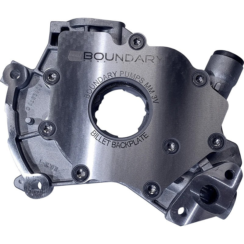 Boundary oil pump assembly with precision-machined billet backplate for Ford Modular V8 engines