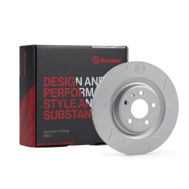 Brembo TY3 Sport series front slotted brake rotor with Type 3 slot pattern, 326mm diameter