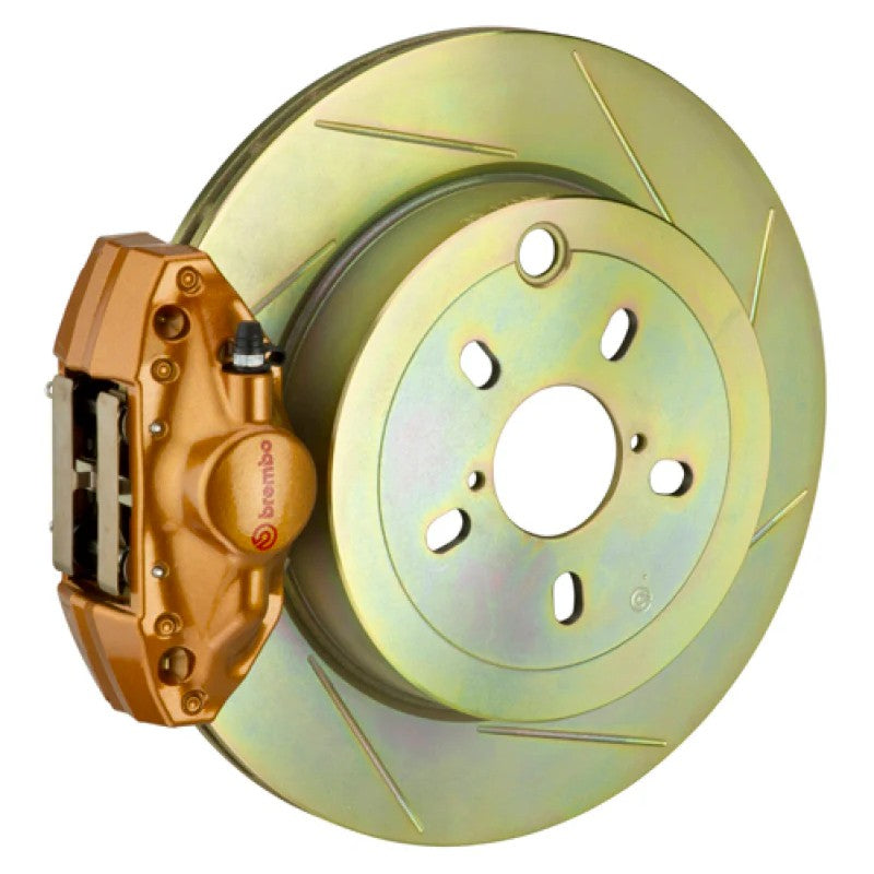 Brembo GT rear brake kit featuring gold 2-piston calipers and 316mm slotted rotors for 2008-2014 Subaru WRX.