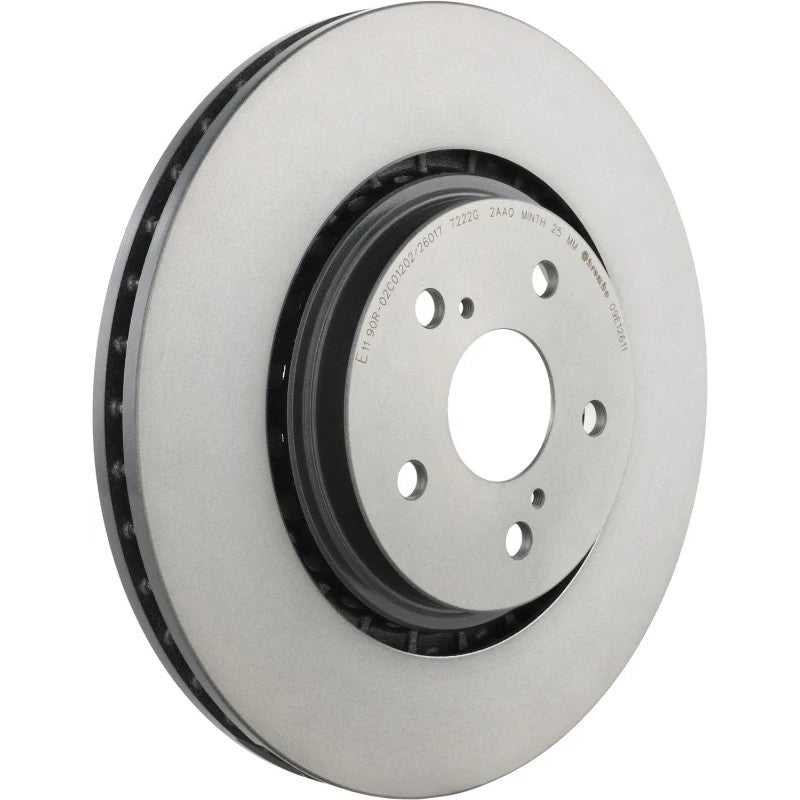 Brembo UV Coated front brake rotor showing silver protective finish and included fixing screw kit.