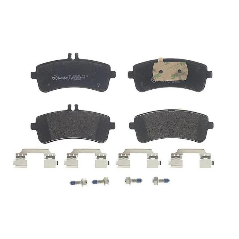 Brembo P50132 Rear Premium Low-Met Brake Pads featuring pre-installed noise-reducing shims.