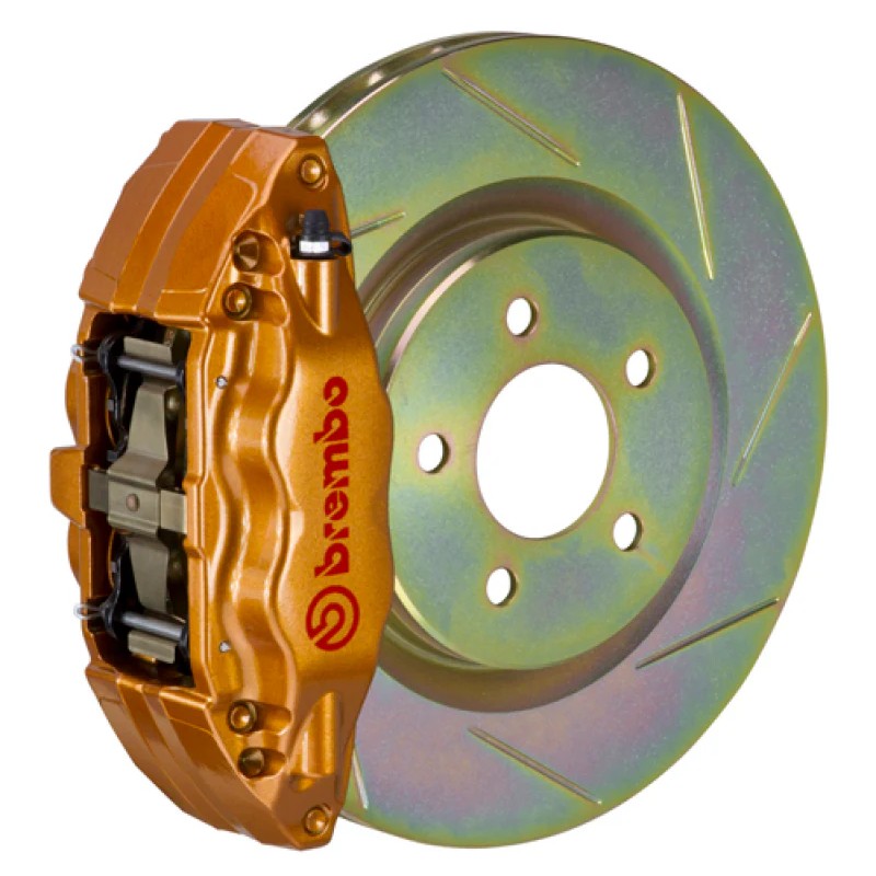 Gold Brembo 4-piston GT caliper and 326x30mm slotted Type-1 rotor for 2015-2021 Subaru WRX.