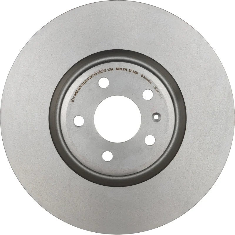 Silver Brembo UV Coated front brake rotor with High Carbon cast iron construction for Audi vehicles