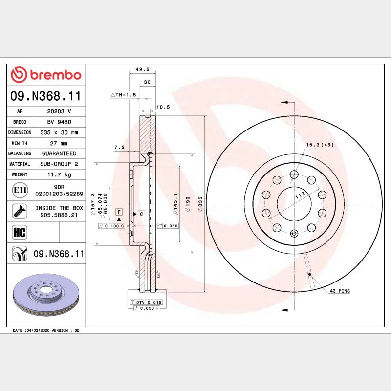 Brembo UV coated silver front brake rotor with high-carbon cast iron construction